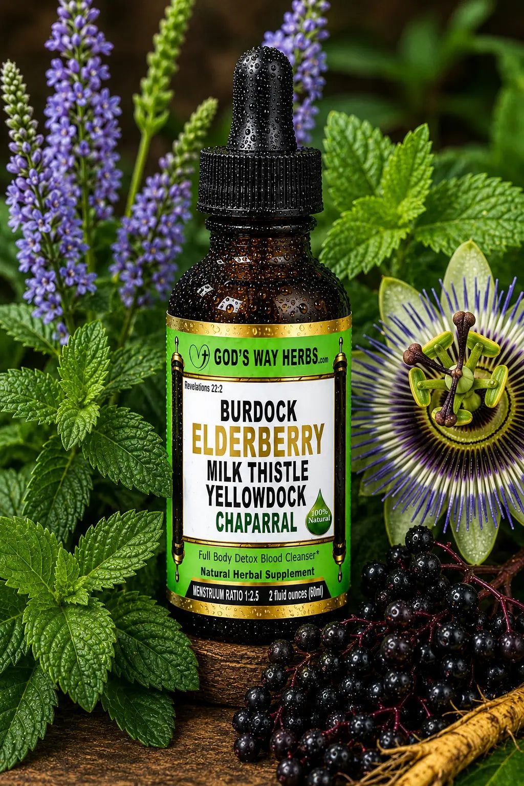 full body detox herbal tincture supplement with elderberry, burdock, yellowdock and milk thistle.