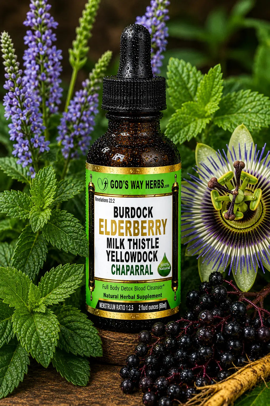full body detox herbal tincture supplement with elderberry, burdock, yellowdock and milk thistle.