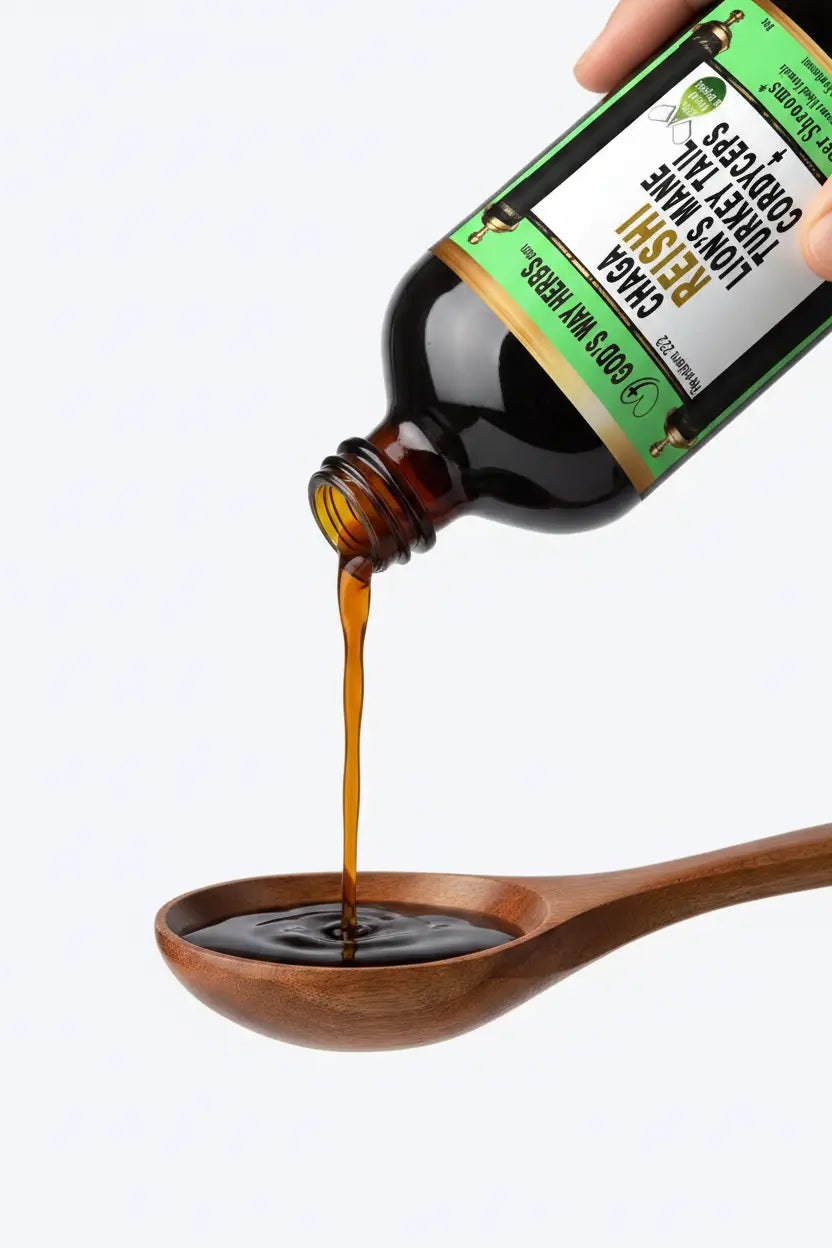 Super Shrooms Tonic 14 in 1 mushroom complex being poured into a wooden spoon.