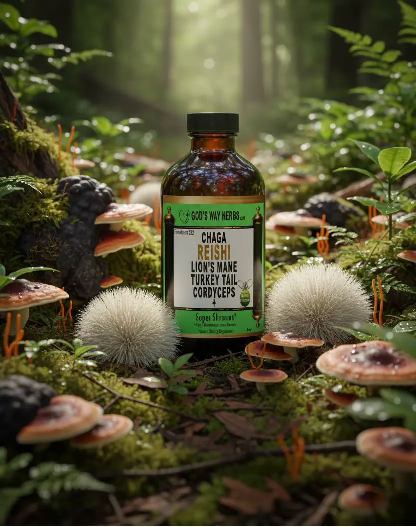 Super Shrooms Tonic 14 in 1 mushroom complex in a field of mushrooms