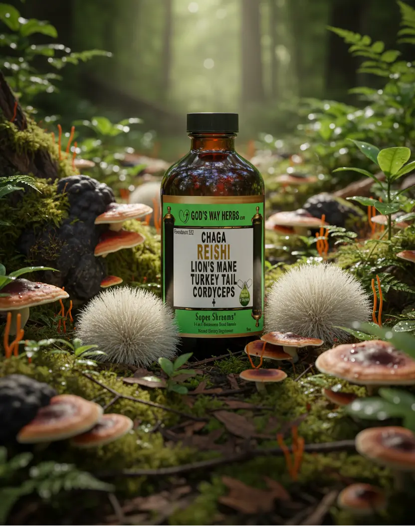 Super Shrooms Tonic 14 in 1 mushroom complex in a field of mushrooms