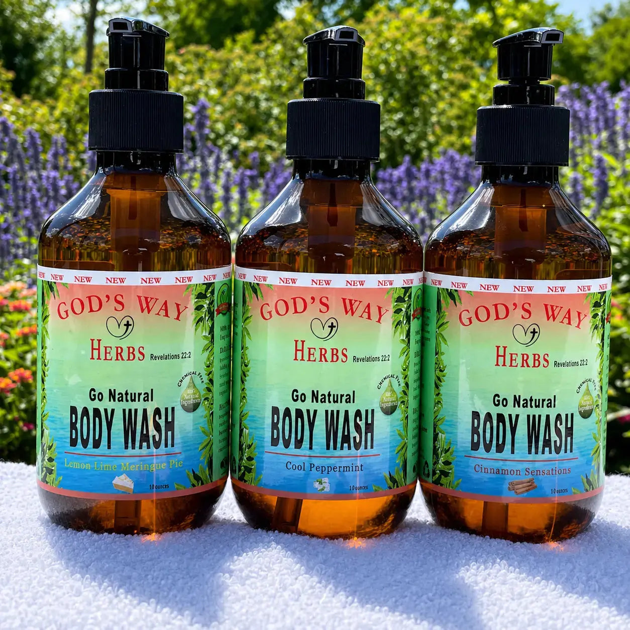 Three bottles of Natural herbal body wash by God's Way Herbs with a natural background