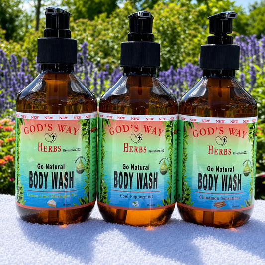 Three bottles of Natural herbal body wash by God's Way Herbs with a natural background