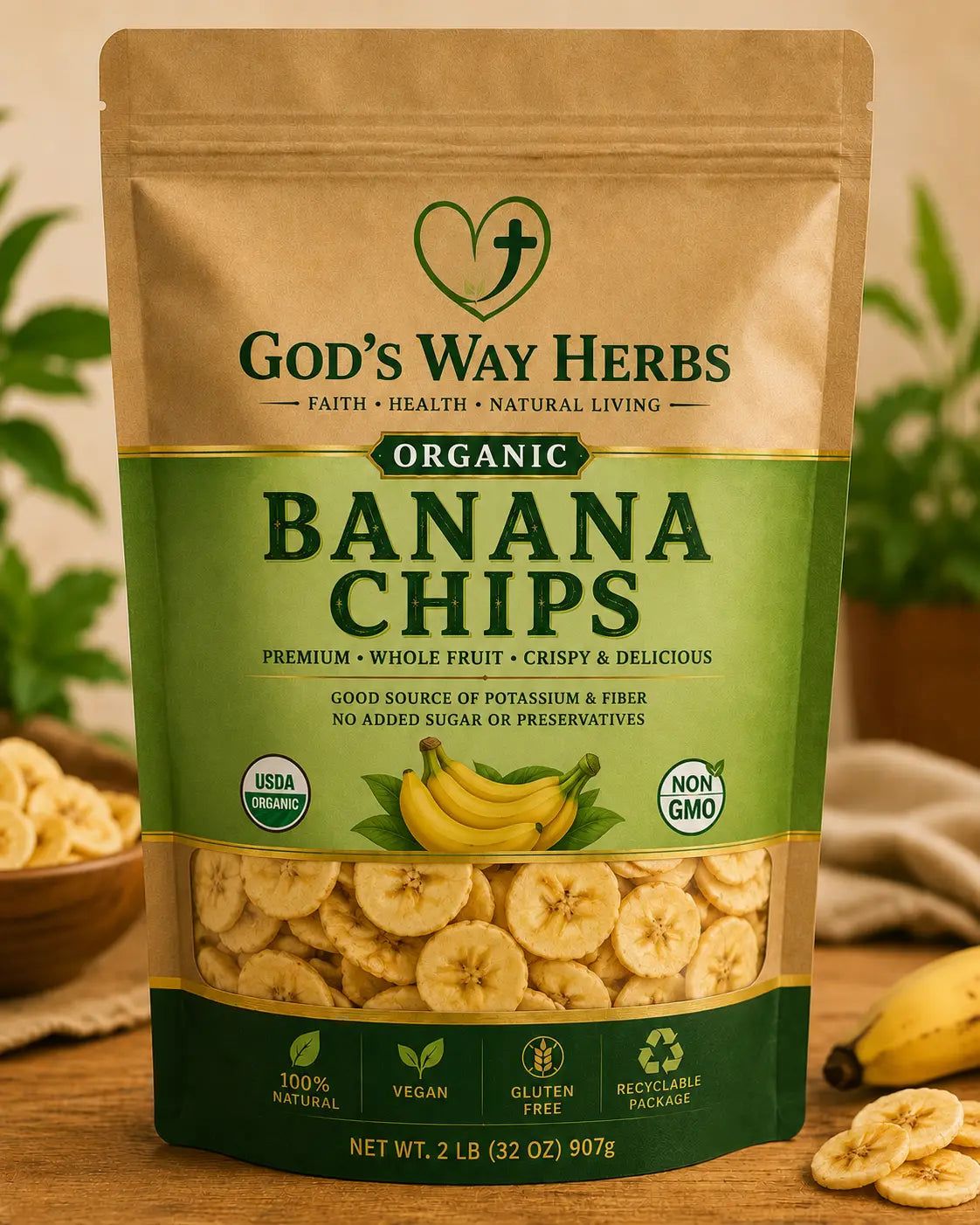 God's Way Herbs Organic Banana Chips 2lb bag.