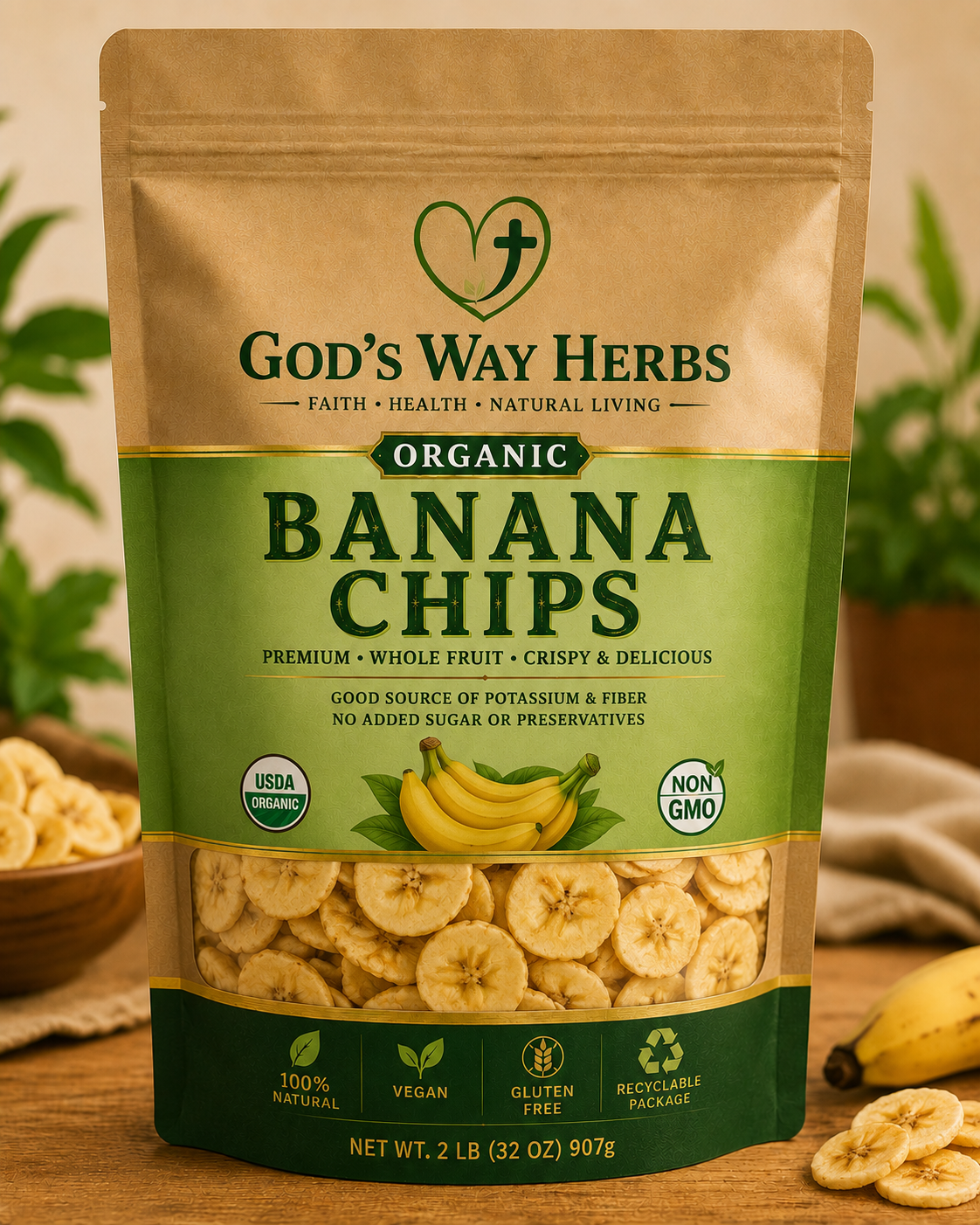 God's Way Herbs Organic Banana Chips 2lb bag.