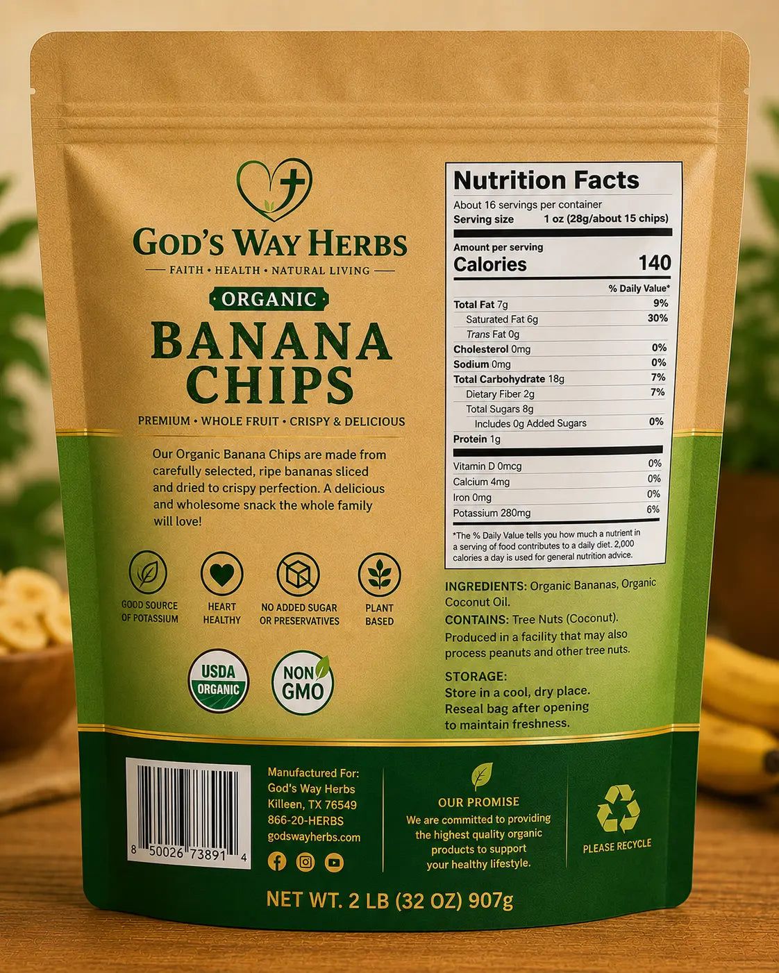 back of God's Way Herbs Organic Banana Chips 2lb bag with nutrition facts.