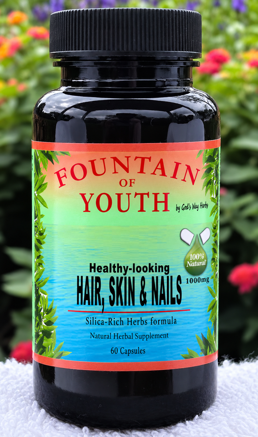 A bottle of Healthy-looking Hair, Skin & Nails Herbal Supplement formula 