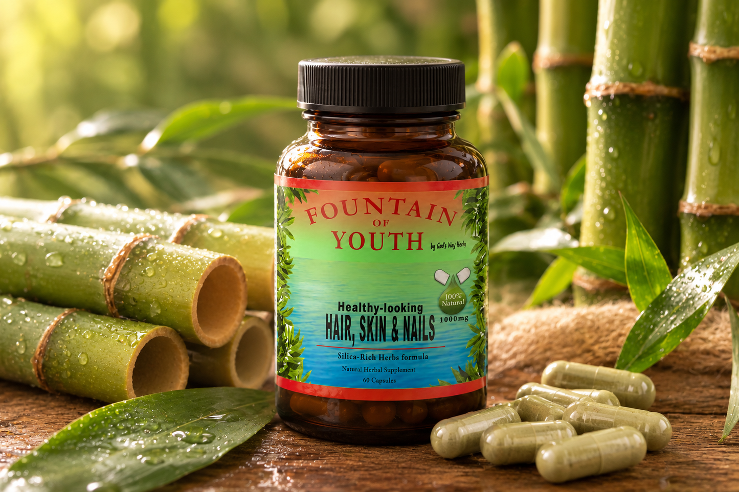 Healthy-looking Hair, Skin & Nails Herbal Supplement formula on a table with bamboo