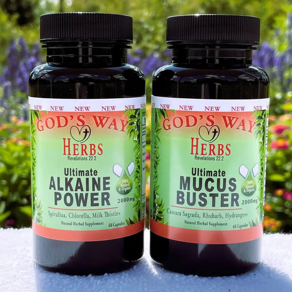 Natural Herbal Supplements Environmental Cleanse Duo- Mucus Buster (60ct), Alkaline Power (60ct) by God's Way Herbs, spirulina, chlorella, milk thistle, bentonite, cascara sagrada, burdock, hydrangea, linden flowers, more