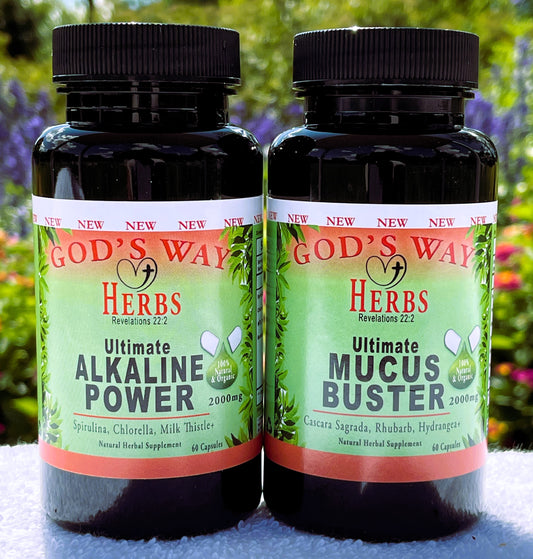 Natural Herbal Supplements Environmental Cleanse Duo- Mucus Buster (60ct), Alkaline Power (60ct) by God's Way Herbs, spirulina, chlorella, milk thistle, bentonite, cascara sagrada, burdock, hydrangea, linden flowers, more