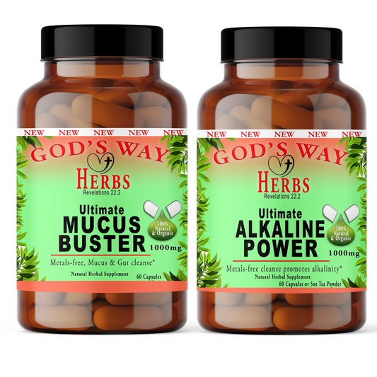 Natural Herbal Supplements Cleanse Duo- Mucus Buster (60ct), Alkaline Power (60ct) by God's Way Herbs, spirulina, chorella, milk thistle, bentonite, cascara segrada, burdock, hydrangea, linden flowers, more