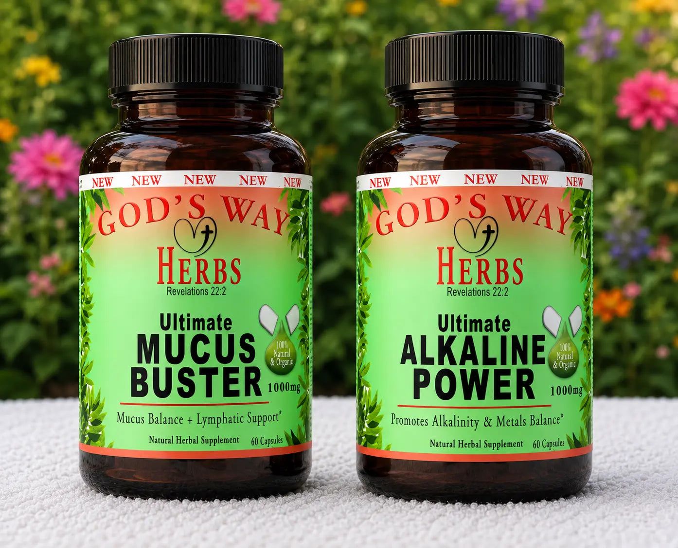 Natural Herbal Supplements Environmental Cleanse Detox Duo- Mucus Buster (60ct), Alkaline Power (60ct) by God's Way Herbs, spirulina, chlorella, milk thistle, bentonite, cascara sagrada, burdock, hydrangea, linden flowers, more