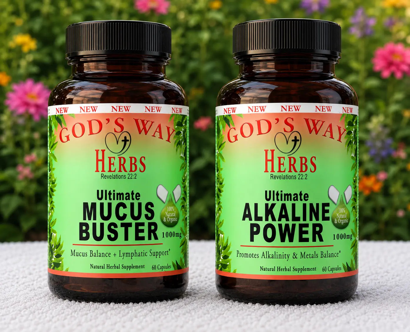 Natural Herbal Supplements Environmental Cleanse Detox Duo- Mucus Buster (60ct), Alkaline Power (60ct) by God's Way Herbs, spirulina, chlorella, milk thistle, bentonite, cascara sagrada, burdock, hydrangea, linden flowers, more