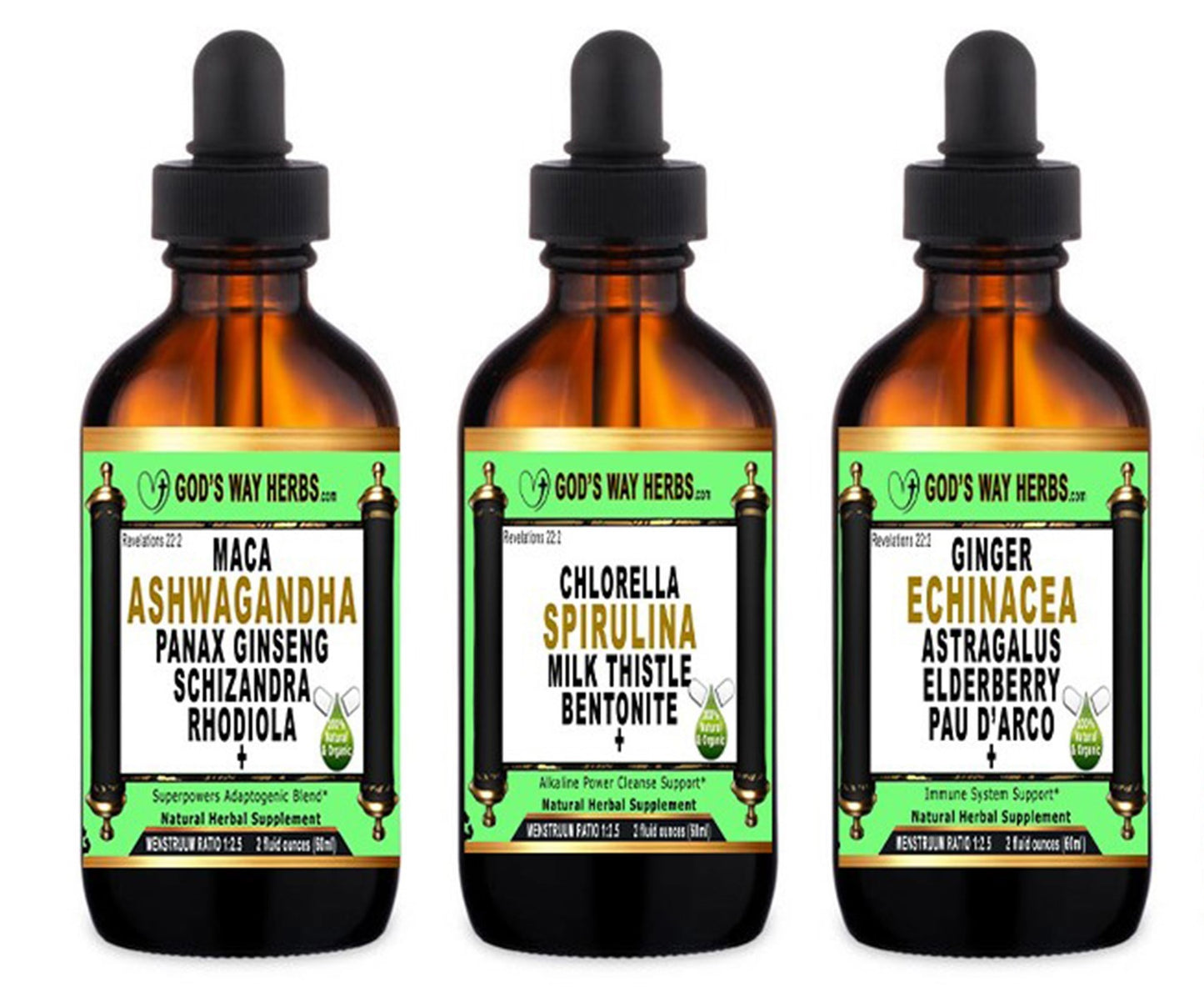 I love Herbal Tinctures Package, 3 pack Immunity 2oz, superpowers 2oz, alkaline power 2oz by God's Way Herbs, dr sebi, maca, ashwagandha, panax ginseng, schizandra berries, rhodiola, chlorella, spirulina, bentonite, clay, milk thistle, inger, echinacea, astraalus, elderbreey, pau d'arco and more!