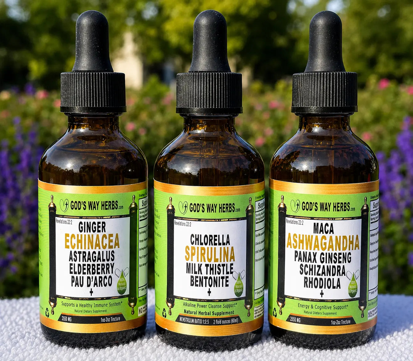 I Love Herbal Tinctures Herbal Tinctures Set of 3 with chlorella, spirulina, milk thistle, ginger, astragalus, elderberry, pau darco, maga, ginseng, schizandra berries, rhodiola and more.