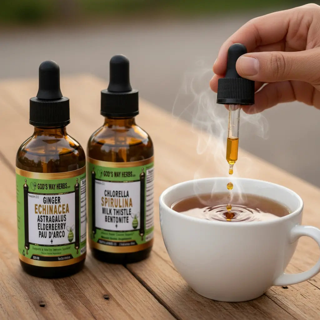 Herbal Tinctures Set on a table with someone adding the supplement formula into hot tea