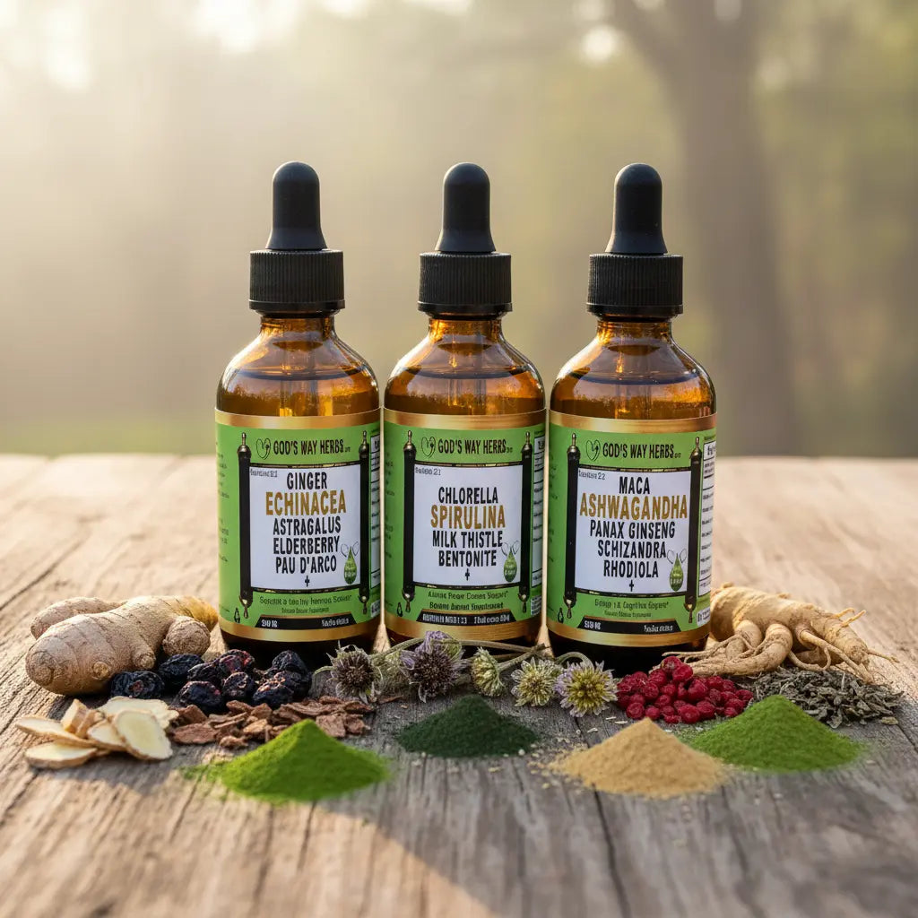 Herbal Tinctures Set on a table surrounded by herbs.