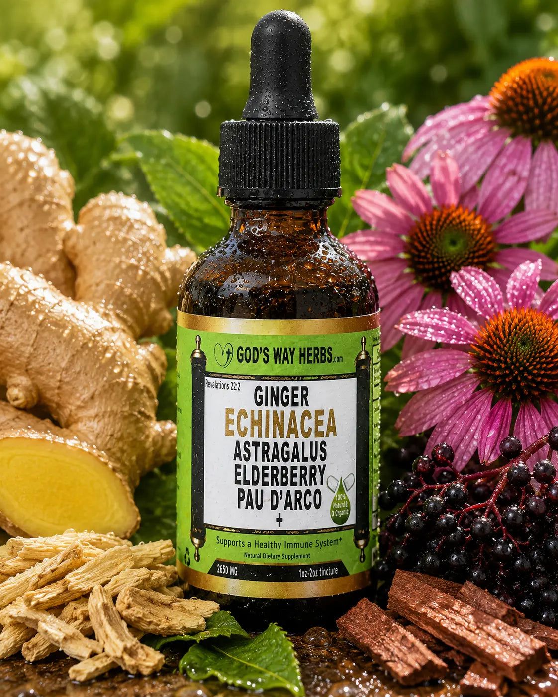 Immune Support Herbal Tincture surrounded by ginger, echinacea, astragals, elderberry an pau darco