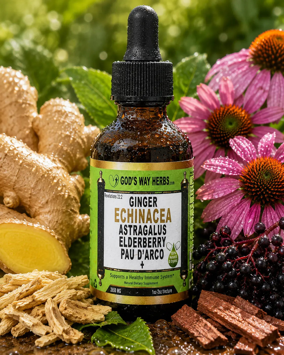 Immune Support Herbal Tincture surrounded by ginger, echinacea, astragals, elderberry an pau darco
