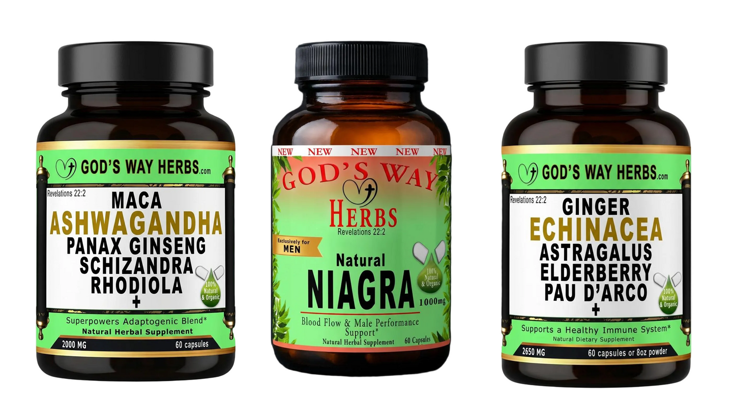 Man Power Herbal Supplement Trio, Natural Herbal Supplements for Men with Niagra 60ct, Prosto 60ct and Superpowers 60ct by Gods Way Herbs, yohimbe, damiana, maca, horny goat, weed, saw palmetto, sarsaparilla and more!