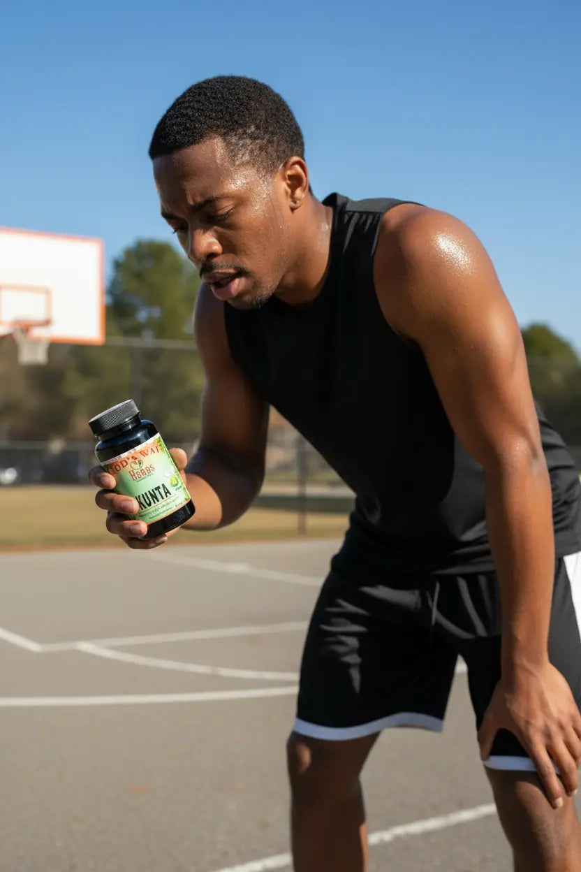 winded man holds Kunta Lung Support Supplement on a basketball court.