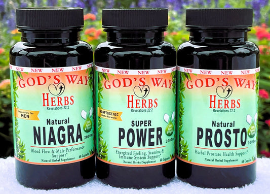 Man Power Herbal Supplement Trio, Natural Herbal Supplements for Men with Niagra 60ct, Prosto 60ct and Superpowers 60ct by Gods Way Herbs, yohimbe, damiana, maca, horny goat, weed, saw palmetto, sarsaparilla and more!