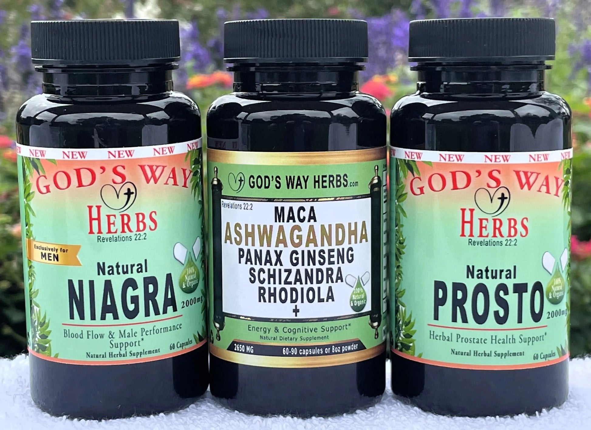 Man Power Herbal Supplement Trio, Natural Herbal Supplements for Men with Niagra 60ct, Prosto 60ct and Superpowers 60ct by Gods Way Herbs, yohimbe, damiana, maca, horny goat, weed, saw palmetto, sarsaparilla and more!