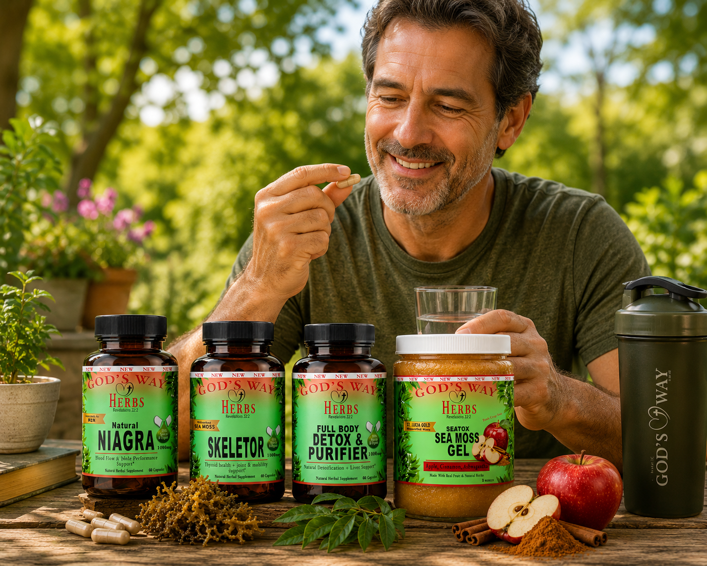 A man outdoors on a wooden table displays a set of God's Way Herbs herbal supplement products, including Niagra, Skeletor, Full Root Detox & Purifier, and Sea Moss Gel, alongside capsules, a glass, and a shaker bottle.