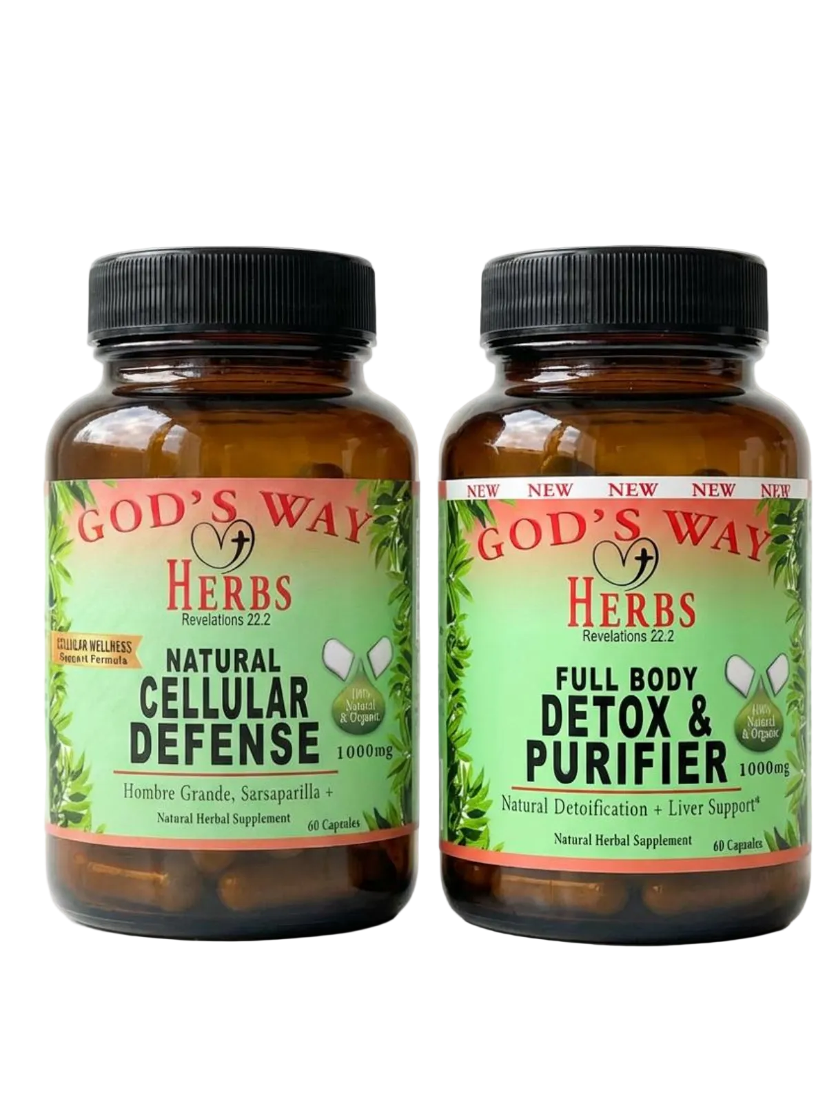 Wellness Package #2 Natural Immunity + Herbal Cleanse by God's Way Herbs with Cellular Defense and Full Body Detox & Purifier, hombre grande, quassia, nopales, nopal cactus, burdock root, yellow dock, sarsaparilla and more