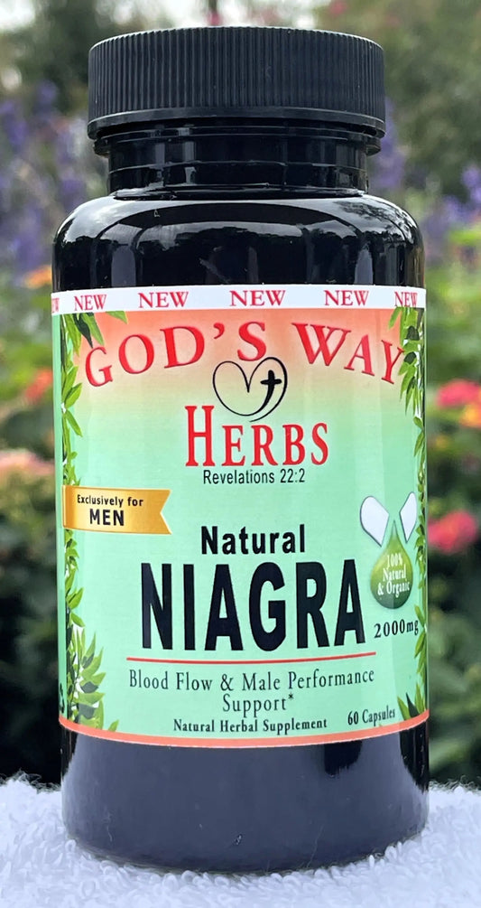 Natural Herbal Supplements for Men with Niagra 60ct by Gods Way Herbs, yohimbe, damiana, maca, horny goat, weed, saw palmetto, sarsaparilla and more!