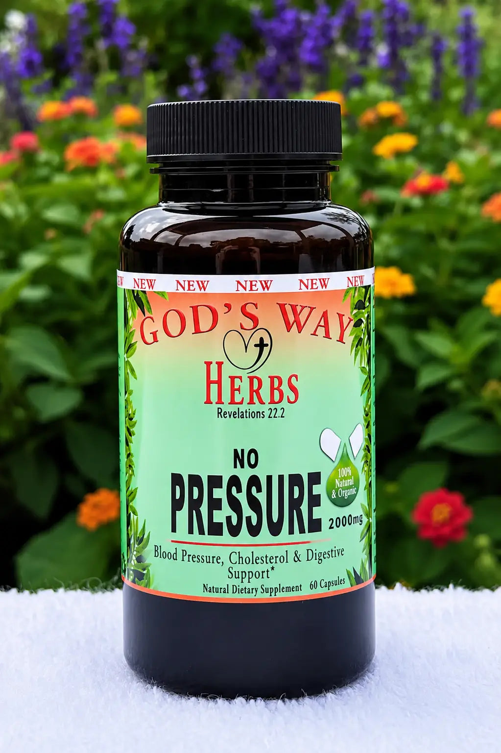 No Pressure Heart & Circulatory Herbal Health Supplement on a table with flowers in the background