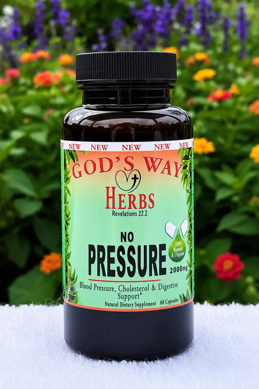 No Pressure Heart & Circulatory Herbal Health Supplement on a table with flowers in the background