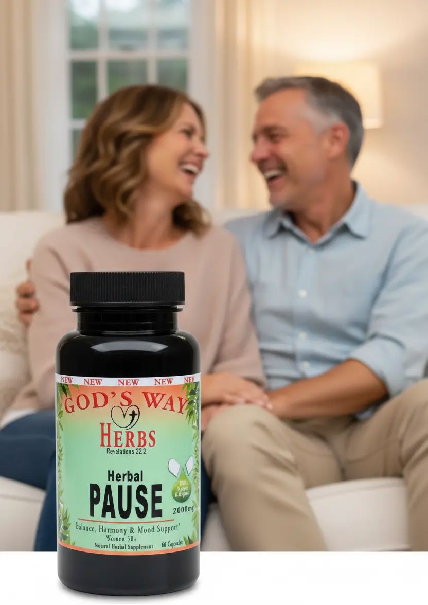 Menopause relief supplement on a table with middle aged couple laughing in the background.