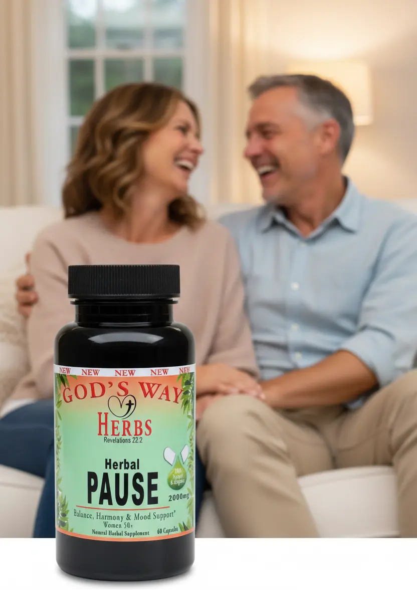 Menopause relief supplement on a table with middle aged couple laughing in the background.