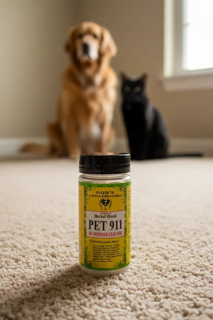 pet intestinal support supplement on carpet next to dog and cat.