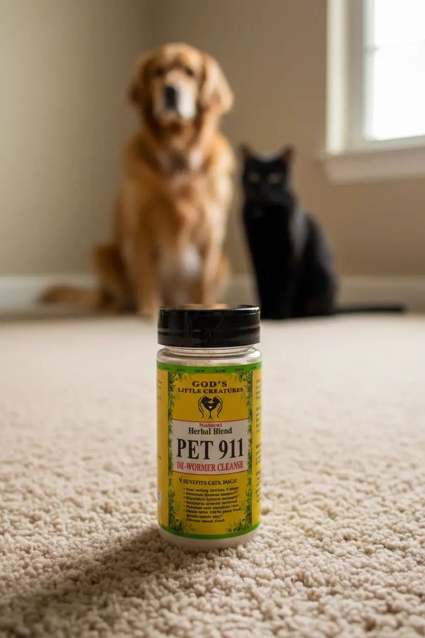 pet intestinal support supplement on carpet next to dog and cat.