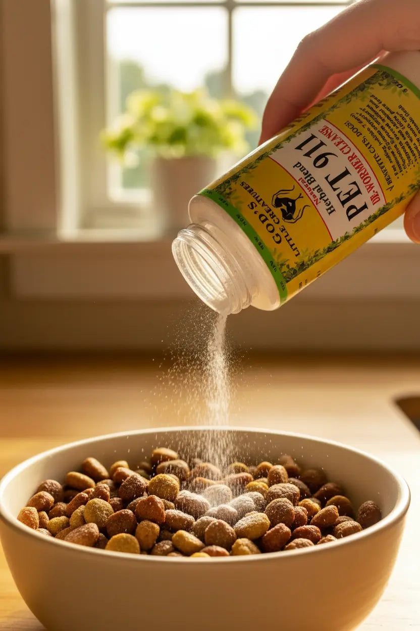 Pet 911 intestinal support supplement being sprinkled into pet food.