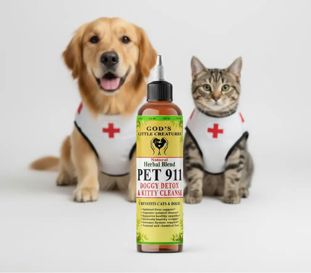 Pet 911 Dog & Cat detox cleanse herbal pet supplement for liver support with dog and cat in emergency vests.