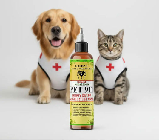 Pet 911 Dog & Cat detox cleanse herbal pet supplement for liver support with dog and cat in emergency vests.