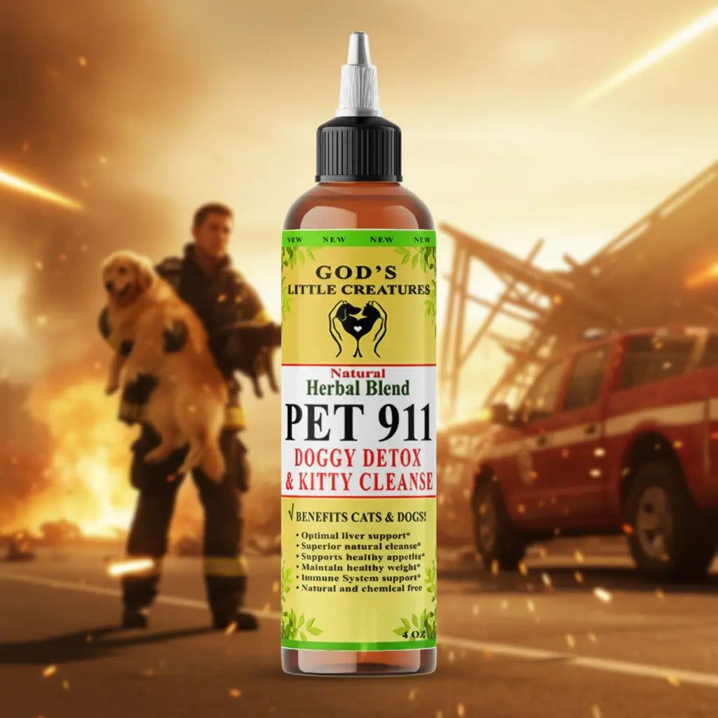 Pet 911 Dog & Cat detox cleanse herbal pet supplement for liver support with dog and cat being rescued by emergency personnel.