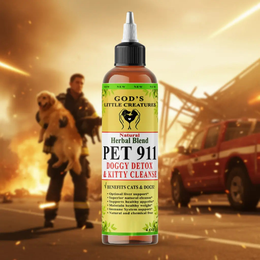 Pet 911 Dog & Cat detox cleanse herbal pet supplement for liver support with dog and cat being rescued by emergency personnel.