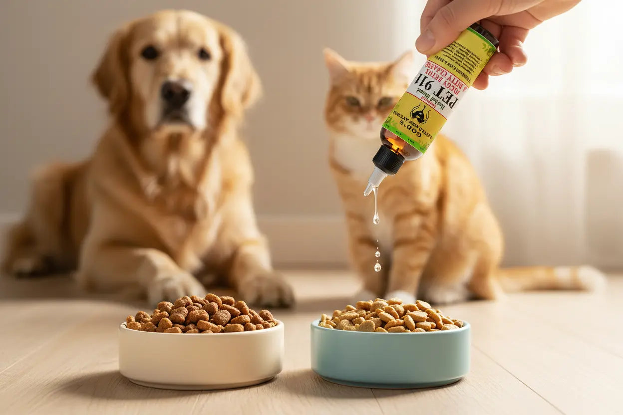 Pet 911 Dog & Cat detox cleanse herbal pet supplement for liver support being poured into pet dish with dog and cat waiting.