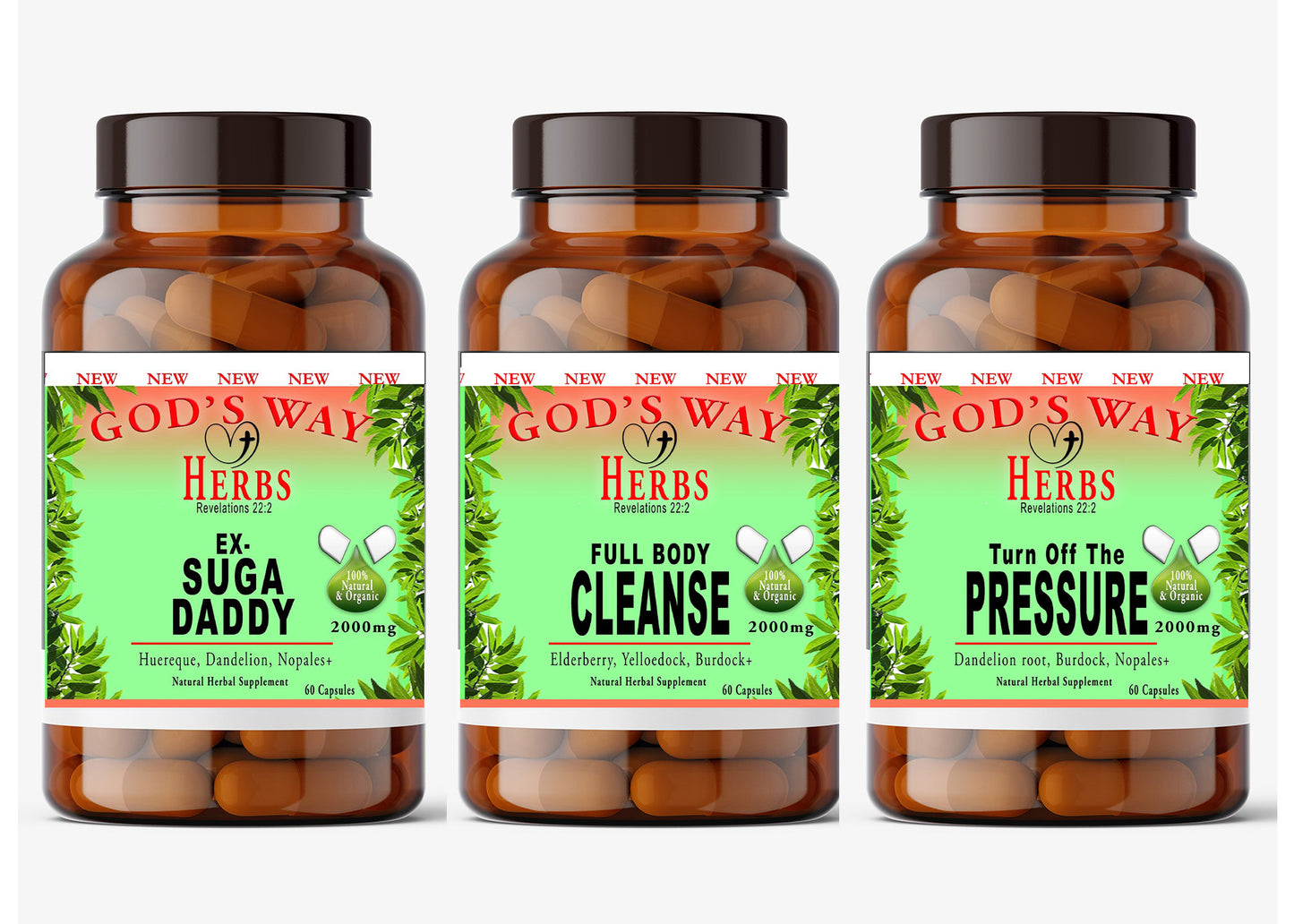 Sugar and Heart health wellness package #5 by Gods Way Herbs, natural supplements, detox, heart, sugar levels support, cleanse, elderberry, nopal cactus, burdock root, yellowdock, chaparral, huereque, prodijiosa and more!
