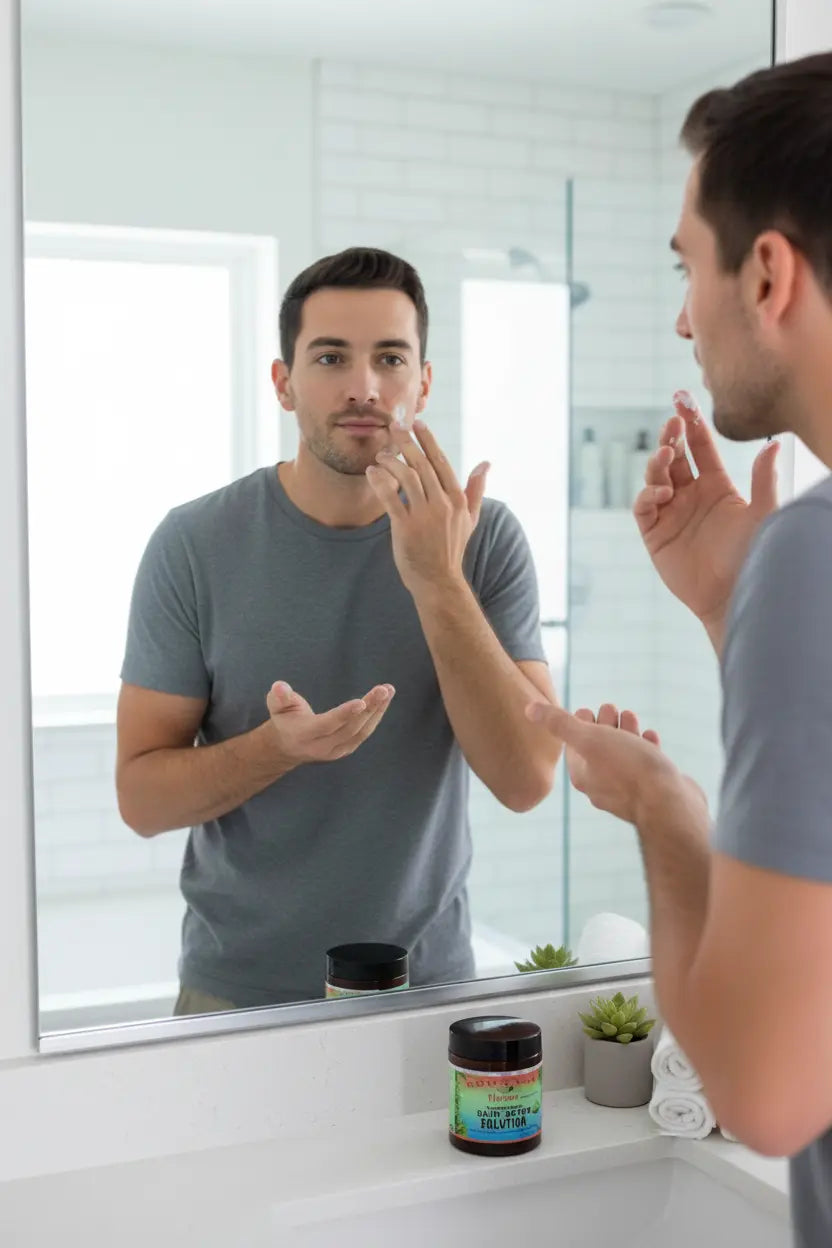 Man in mirror applying Tepezcohuite Herbal Cleansing Body Butter to his face.
