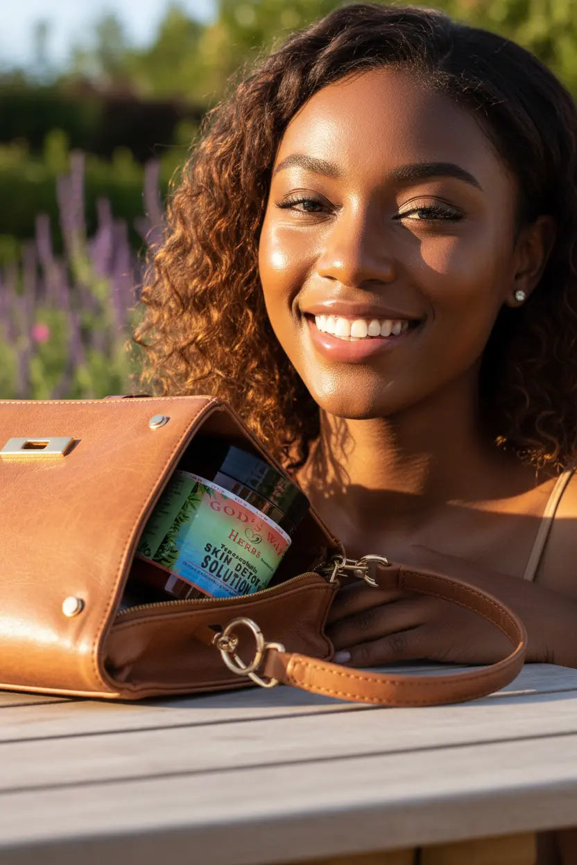 Black woman with Tepezcohuite skin detox creme in her purse.