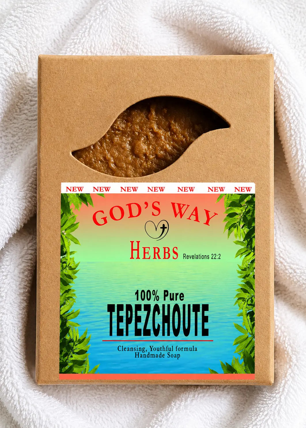 100% Pure Tepezcohuite Soap bars on a bath towel.