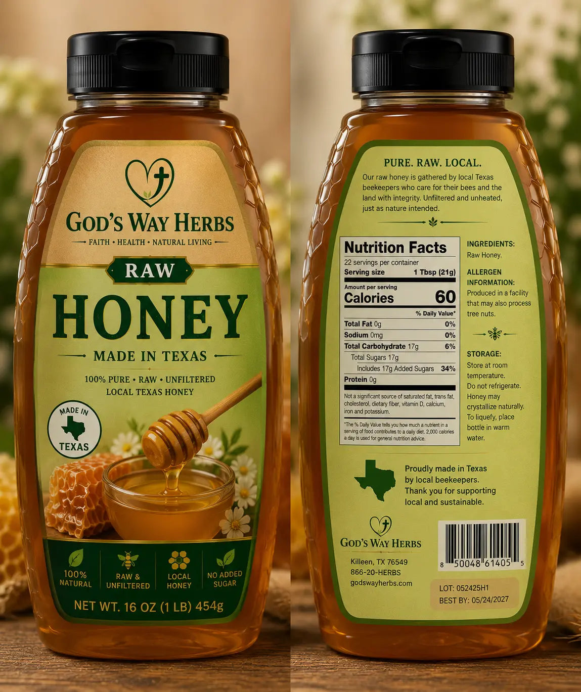 Pure Texas Raw Honey God's Way Herbs