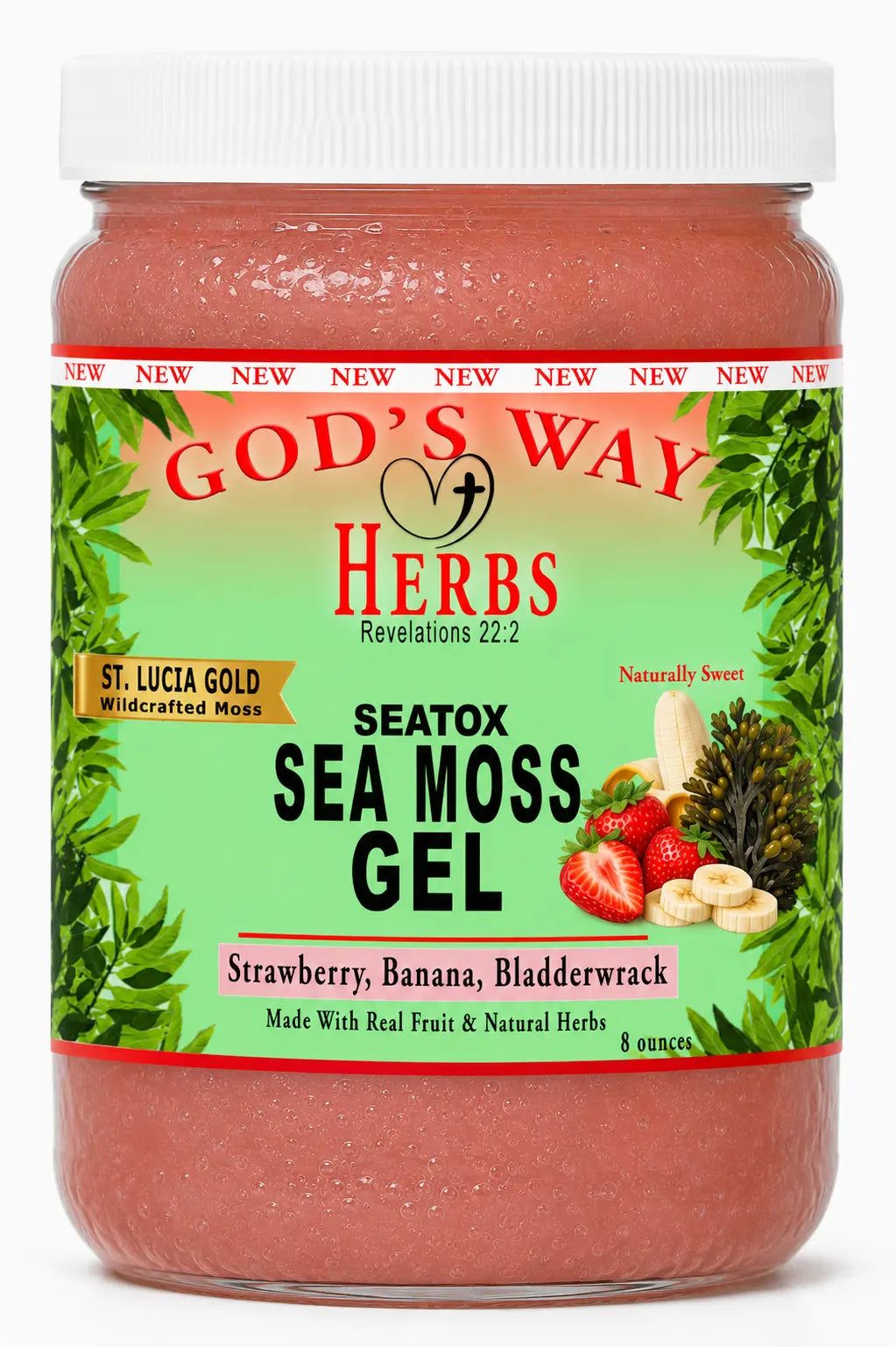 St. Lucia Gold Sea Moss Gel with natural strawberry banana bladderwrack taste by God's Way Herbs