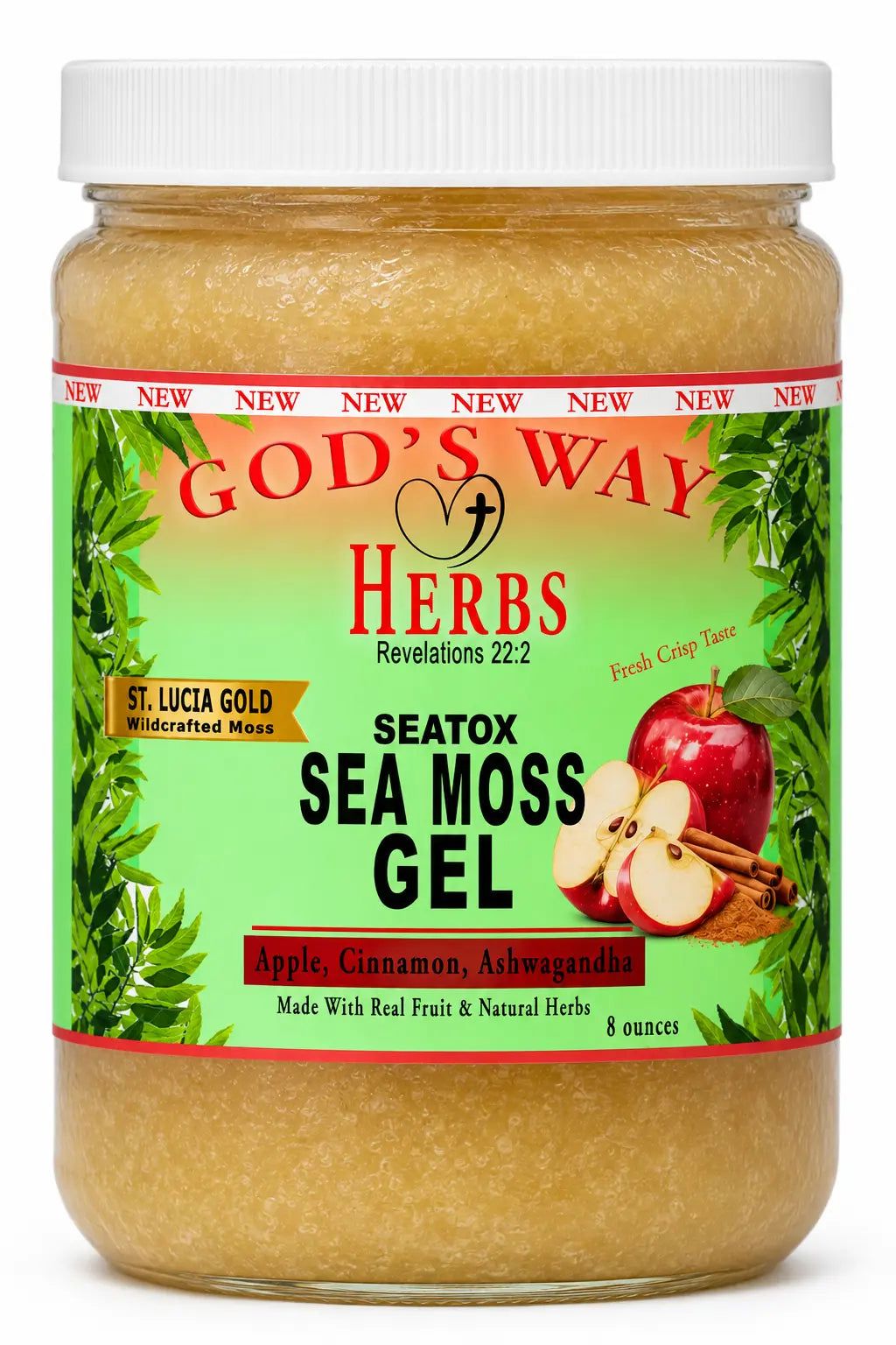 St. Lucia Gold Sea Moss Gel with natural apple cinnamon and ashwagandha by God's Way Herbs