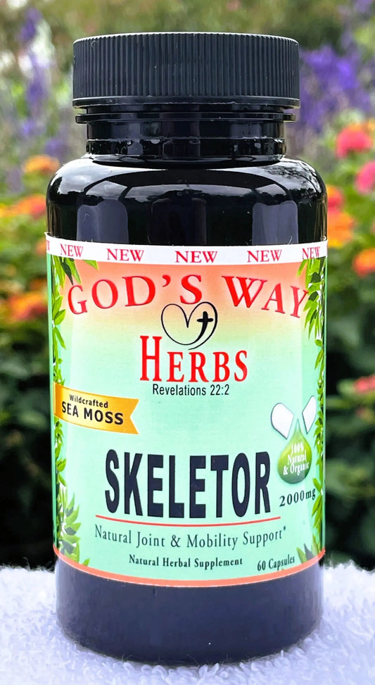 Skeletor joint and mobility support hwerbal supplement with seamoss, bladerwrack, kelp and hyssop. Thyroid health support